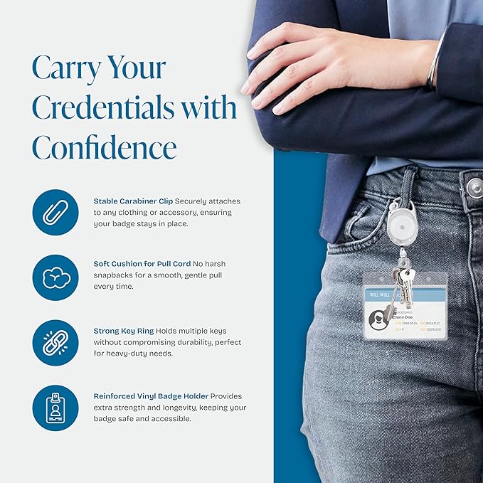 Will Well ID Badge Holders with Clip and Keyring - Horizontal Clear Plastic 3.7" x 2.5" Sleeves Fit Up to 3 Cards - Retractable 24" UHMWPE Fiber Pull Cords - 2-Pack, Transparent White Reels