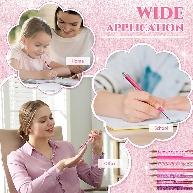 Sherr 7 Pcs Fancy Pens for Women Cute Sparkly Glitter Pens with 10 Pcs Black Ink Refills Pretty Gifts for Girls Office School Christmas Graduation(Hot Pink,Lovely)