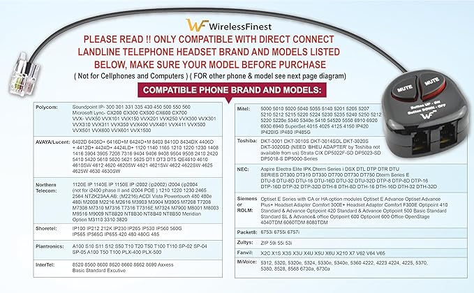 Telephone Training Adapter Y Splitter+Mute Button for Headset for Nortel Meridican, Norstar, Avaya, Ashtra, Mitel, Polycom, Ge and Other IP Phone