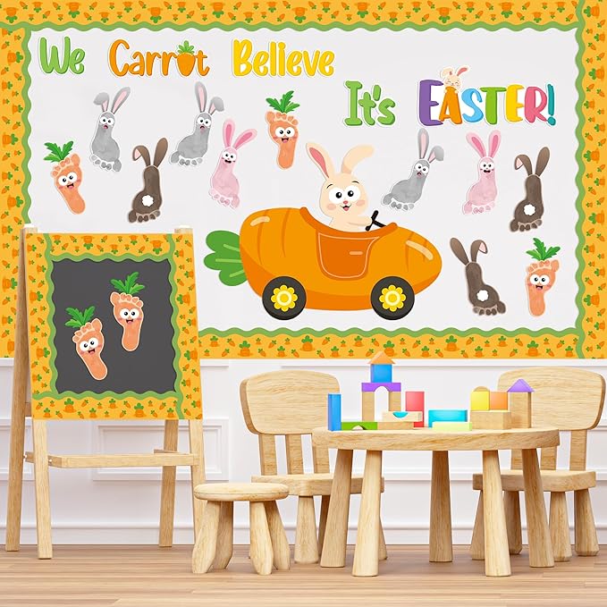 B1ykin 88Pcs Easter Footprint Carrot Bunny Bulletin Board Decoration, We Carrot Believe It’s Easter Cutout with Border Trim, Carrot Car Rabbit Footprints Supply for Kindergarten Preschool Chalkboard
