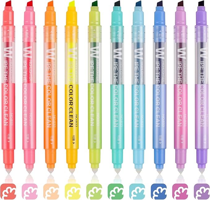 Erasable Highlighters, Dual Tip 10 Colors Erasable Highlighter Pen Assorted Colors, Smooth Writing Book Journaling Highlighters Erasable, No Bleeding Highlighters for Bible Journal Planner