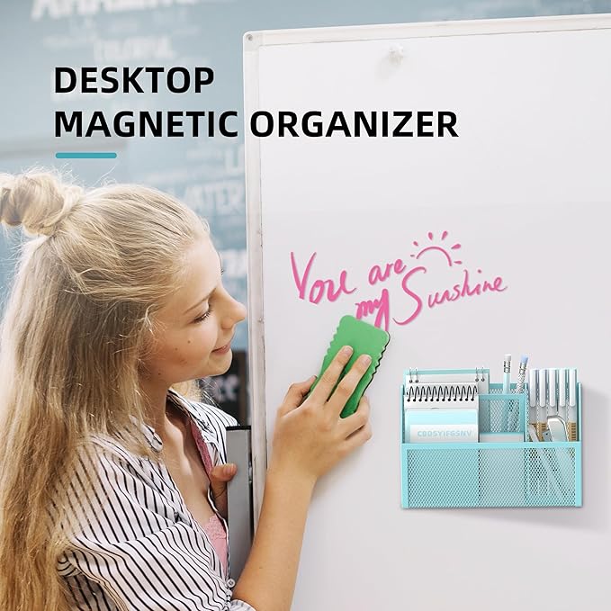 DALTACK Magnetic Pencil Holder - 3-Grid Mesh Shelf for Whiteboard, Refrigerator & Locker - Organizer for Home, School & Office, Blue