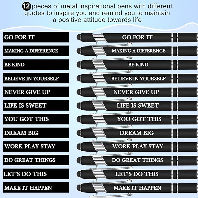 Zonon 12 Pieces Inspirational Pens Bulk Easter Basket Stuffers Motivational Quotes Ballpoint Pens with Stylus Tip Inspirational Gifts for School Office Teachers(Black,Motivational Style)