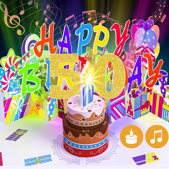 Gumry 50TH Musical Birthday PopUp Card, Blowable Colorful Light Candle 3D Cards with Song, Applause Cheers Sound, Greeting Cards Birthday Gifts Decorations for Women Men Turning 50 Years Old