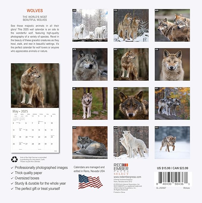 RED EMBER Select - Wolves 2025 Wall Calendar 12 Month | 12" x 24" Open | Thick & Sturdy Paper | Giftable | Calendar 2025