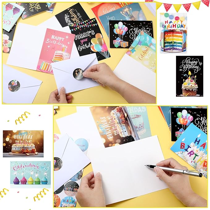 Harloon 200 Pack Happy Birthday Card Assorted Bulk with Blank Envelopes and Stickers 4 x 6 Inches Greeting Blank Happy Birthday Cards for Men Women Adults Kids, 20 Styles(Actual Style)