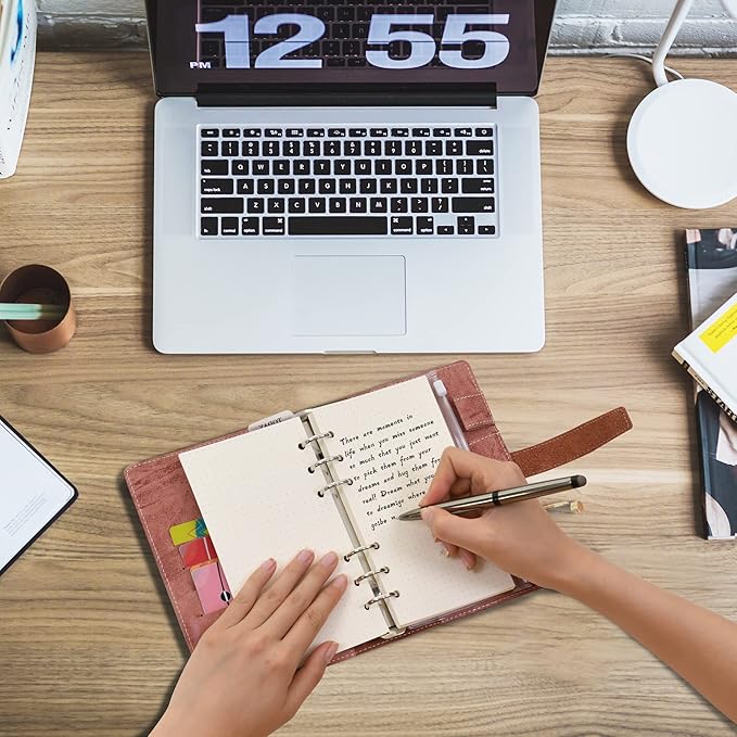 Wonderpool Leather Journal Refillable Binder A6 Writing Notebook Folder Organiser with Dotted Paper & Multi Pockets Cover for Business School Travel (A6, Brown)