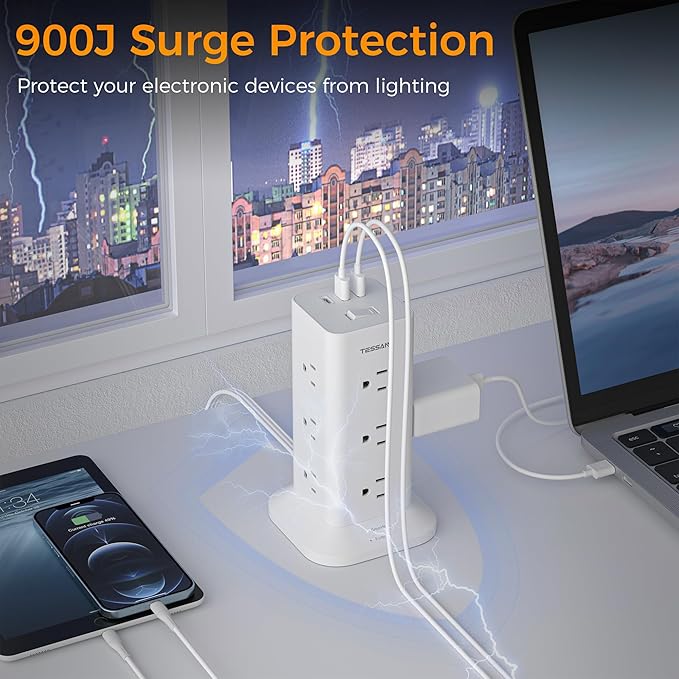 Power Strip Tower with Surge Protection, TESSAN Flat Plug Extension Cord 6 Feet with 12 Multiple Outlets 3 USB Ports (1 USB C), 900J Surge Protector Tower for Home,Supplies for Dorm Room Essentials