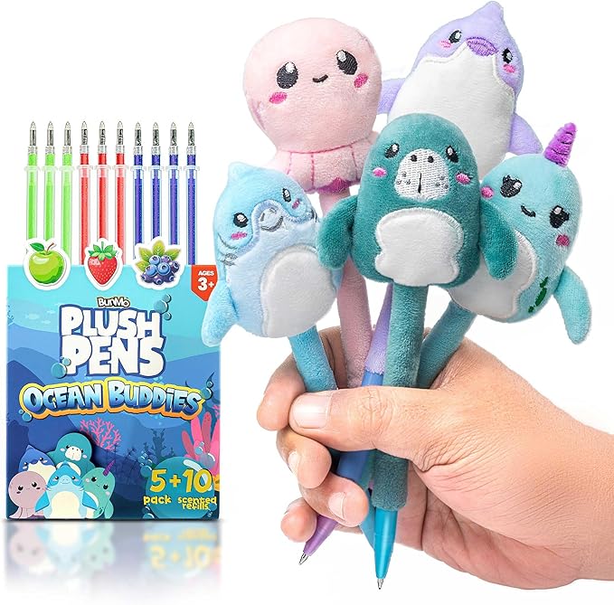 BUNMO Easter Gifts for Girls - Cute Pens - Cute Gel Pens w/Soft Grip & 10 Refills - Gifts for Tweens- Girls Easter Basket Stuffers - Fun Writing for Kids - Gift for Teens - Plush 5 Pack
