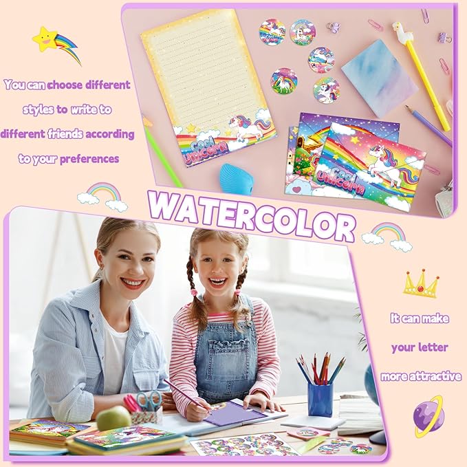 TaoBary 160 Packs Stationery Paper Set (50 Double Sided Stationery Writing Papers 50 Matching Envelopes) 60 Round Dot Sticker, 10 Design(Unicorn,8.5 x 11 Inch)