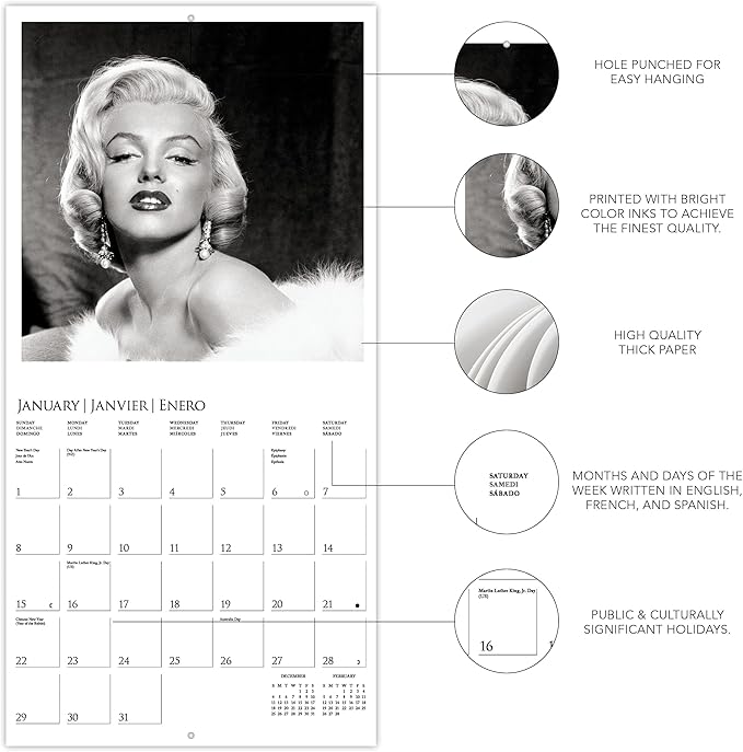 Graphique 2023 Marilyn Monroe Wall Calendar | 12” x 12” | Thick Paper | Home & Office Organizer | Large Monthly Grid | 3 Languages & Marked Holidays | 4 Month Preview Page for 2024…