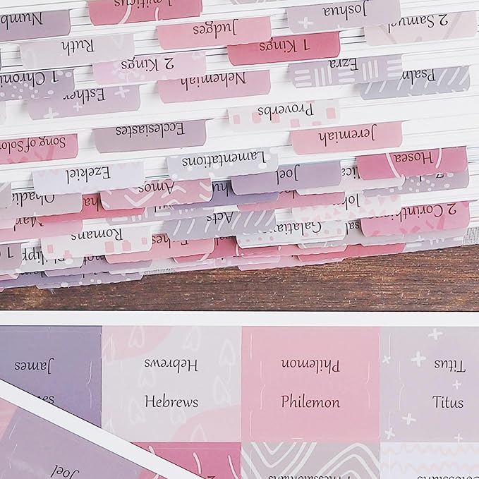 Thinkor Reposition Laminated Bible Tabs, Large Print Stickers, Easy to Read and Apply Bible Tabs for Women and Man (Pink & Gray Print)
