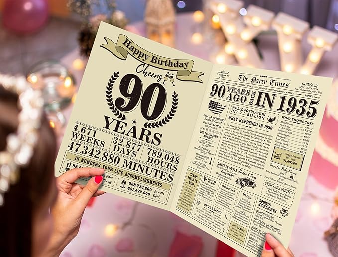 Ogeby Funny 90th Birthday Gifts Ideas for Women Men, Jumbo 90th Birthday Card for Grandma Dad Mom, Gifts for 90 Year Old Woman Man, Vintage Back in 1935 Birthday Card, 90th Birthday Decorations
