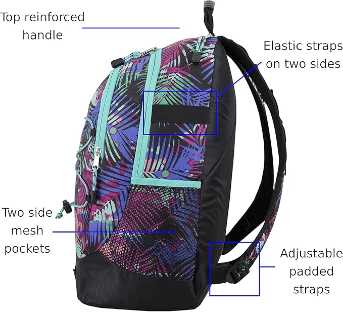 FUEL Hiking Backpack for Women Men Terra Sport, Travel, College, Gym, Work with Laptop Sleeve, Bungee, 18 Inches, Purple Palm Leaves