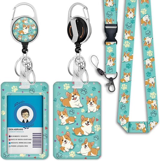 Giancomics Cute Corgi Lanyards for Id Badges, ID Badge Holder with Lanyard Badge Reel Retractable, Teacher Lanyard with ID Holder Keychain Clip Name Tag ID Card Holder for Women Gift