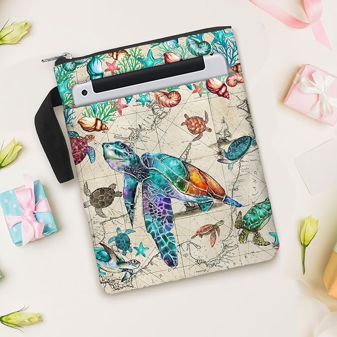 Vintage Map Book Cover Bag with Zipper and Front Pocket. Washable Fabric 11 X 8.5 Inch Book Sleeve Pouch for Paperbacks. Gift for Turtle and Book Lovers