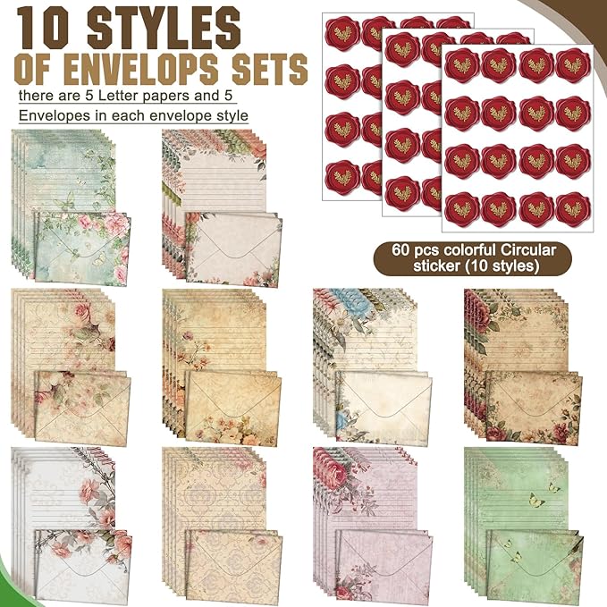 TaoBary 160 Packs Stationery Paper Set (50 Double Sided Stationery Writing Papers 50 Matching Envelopes) 60 Round Dot Sticker, 10 Design(Vintage Floral,5.5 x 8.25 Inch)