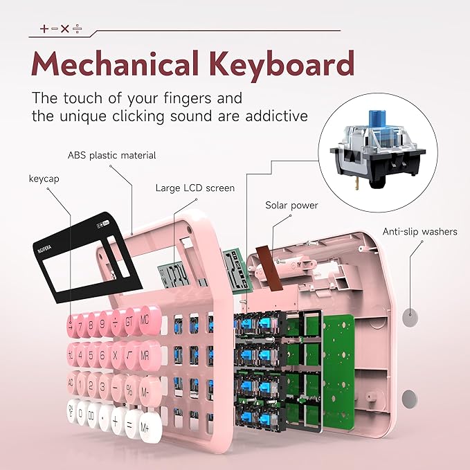 Mechanical Switch Calculator,12 Digits, Large LCD Display,Big Buttons,Solar and Battery Dual Power Mechanical Keyboard Desktop Pink Calculators,Cute and Aesthetic