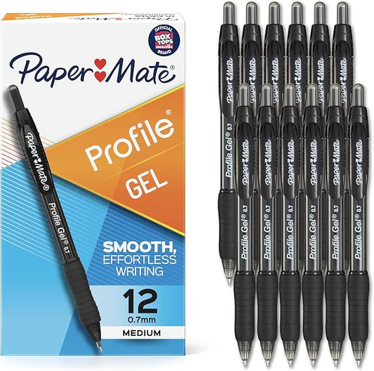 Paper Mate Profile Retractable Gel Pen, Ultra-Smooth Ink, Black, 0.7mm Medium Point, 12 Count