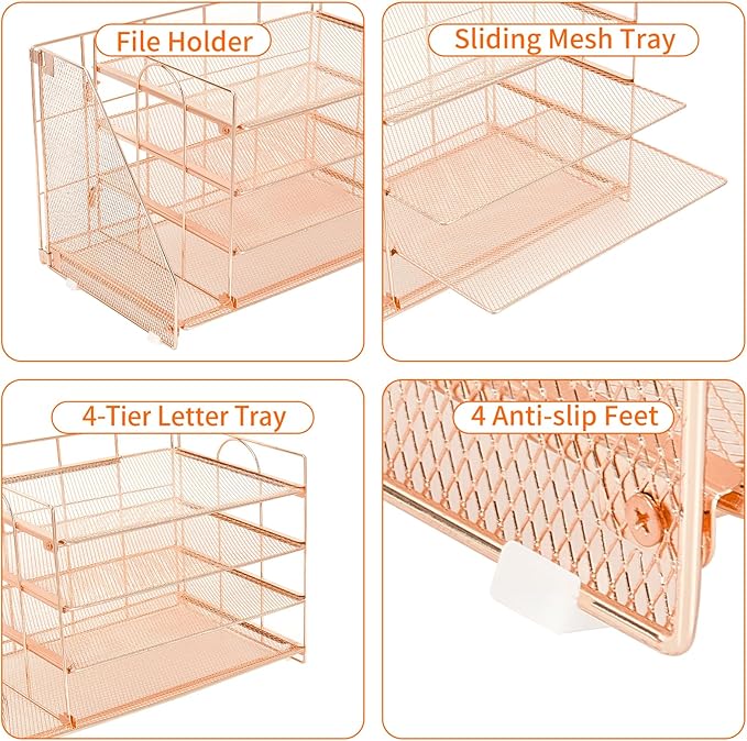 OPNCIE Desk Organizers and Accessories, 4 Tier Paper Letter Tray File Organizer, Office Organization Storage Desk Accessories Workspace Desktop Organizer for Classroom Office Supplies Decor, Rose Gold