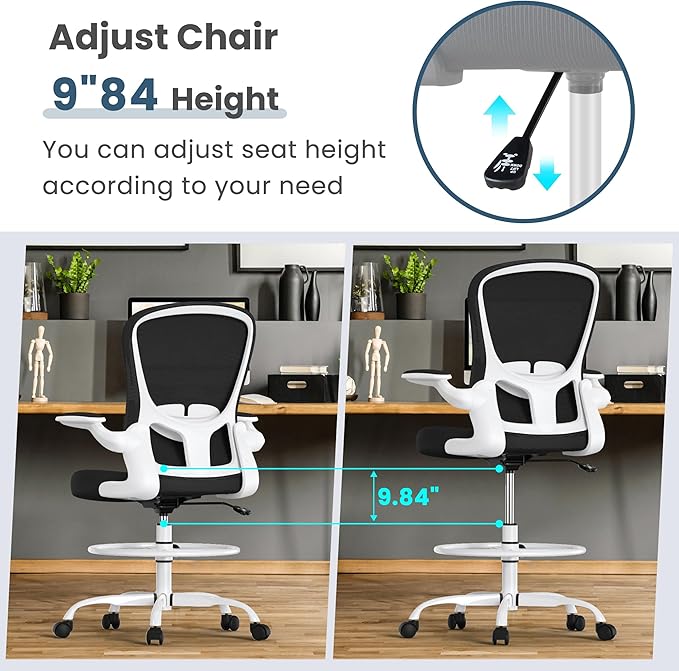 Drafting Chair, Tall Office Chair with Flip-up Armrests Executive Ergonomic Computer Standing Desk Chair, Office Drafting Chair with Lumbar Support and Adjustable Footrest Ring