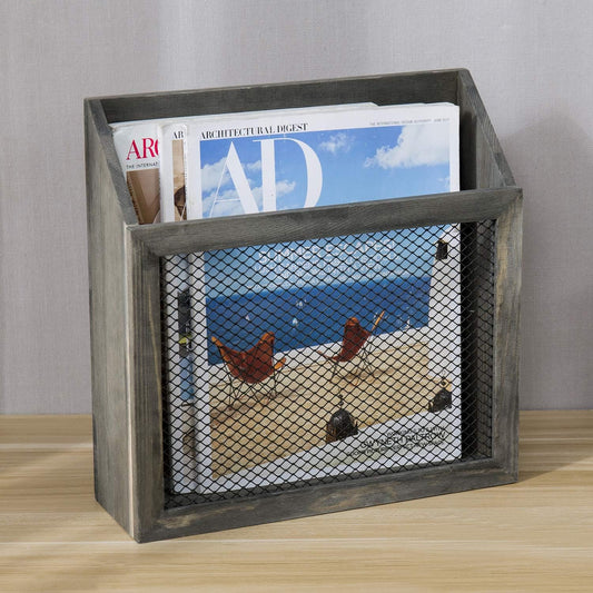 MyGift Rustic Magazine Holder Vintage Gray Wood and Chicken Wire Design Wall Mounted/Tabletop Mail Sorter, Farmhouse Home, Bathroom, Office Magazine Rack