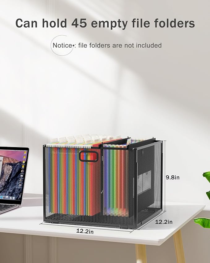 Oterri Hanging File Organizer, Metal File Organizer, Portable Desktop File Organizer for Letter Size Folder, Mesh Hanging File Crate for Office,Folders Not Included(Cool Black-Large,2 Pack)