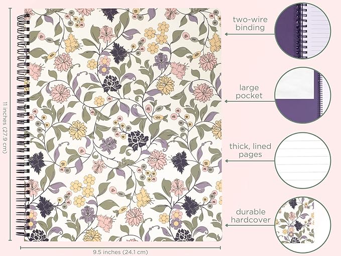 Steel Mill & Co Cute Floral Large Spiral Notebook College Ruled, 11" x 9.5" with Durable Hardcover and 160 Lined Pages, Purple Vine Ditsy
