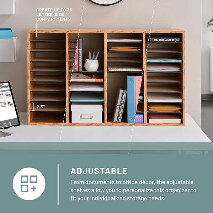 Safco Literature Organizer, 36 Compartments, Office and Classroom Mailbox with Adjustable Shelves, Wood Paper and Mail Sorter, Medium Oak