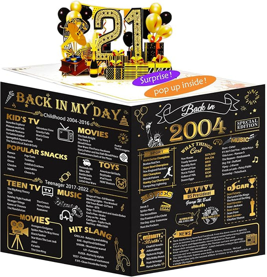 21st Birthday Card for Girls Boys, 3D Pop Up 21st Birthday Gifts Cards, Happy 21 Birthdays Decorations for 21 Year Old Son Daughter, Funny Back In 2004