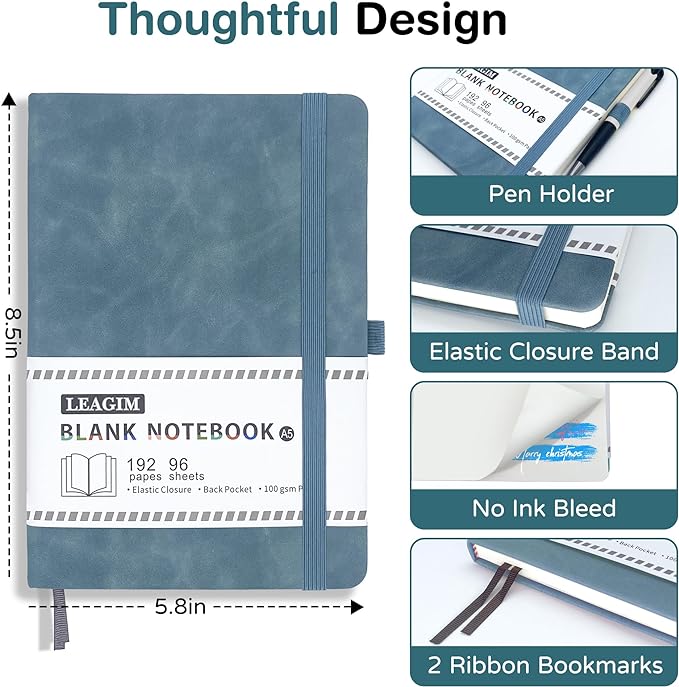 Blank Journal Notebook, A5, 192 Pages 100 GSM Thick Sketch Book for Women Men, Hardcover Leather Unlined Journaling for Work, Notebooks for Writing, 5.8 inches x 8.5 inches (Green)
