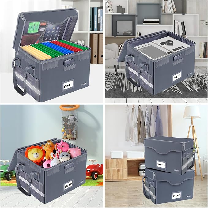 DocSafe File Box Fireproof Document Box with Lock, File Storage Organizer Box with Pockets,Collapsible Portable File Box Home Office File Cabinet with Handle for Hanging Letter/Legal Folder,Gray