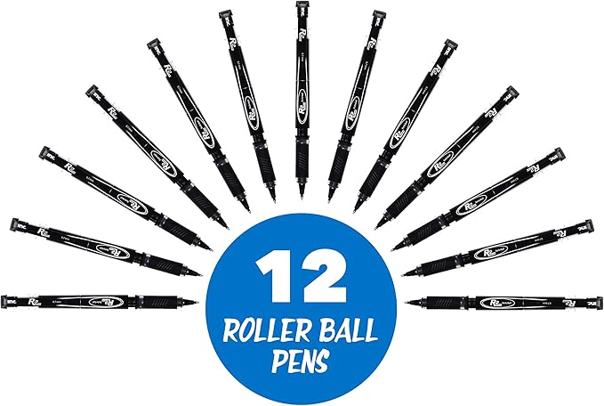 Inc. R2 Rollerball Pens - 0.7 mm Medium-Point Pen Set With Comfort Grip for School, Office, Writing, and Journaling, 12 Pack, Black Ink