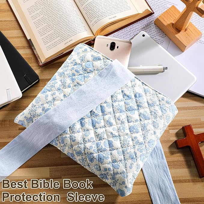 Honoson Quilted Bow Bible Sleeve Book Cover Case Padded Protector Washable Bible Bag Pouch Christian Gift for Women Girls Book Lover Gifts(Blue Floral)
