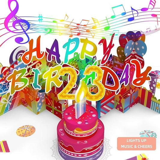 Gumry 23RD Musical Birthday PopUp Card, Blowable Colorful Light Candle 3D Cards with Song, Applause Cheers Sound, Greeting Cards Birthday Gifts Decorations for Women Men Turning 23 Years Old