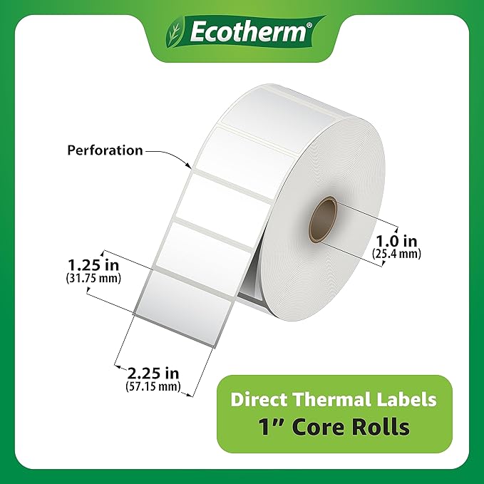 2.25" x 1.25" Thermal Labels | 6 Rolls | 12600 Labels | fits Zebra, Munbyn, Rollo, Godex, Arkscan, iDPRT, Offnova Thermal Label Printers and More | Blank White Adhesive Stickers by Ecotherm