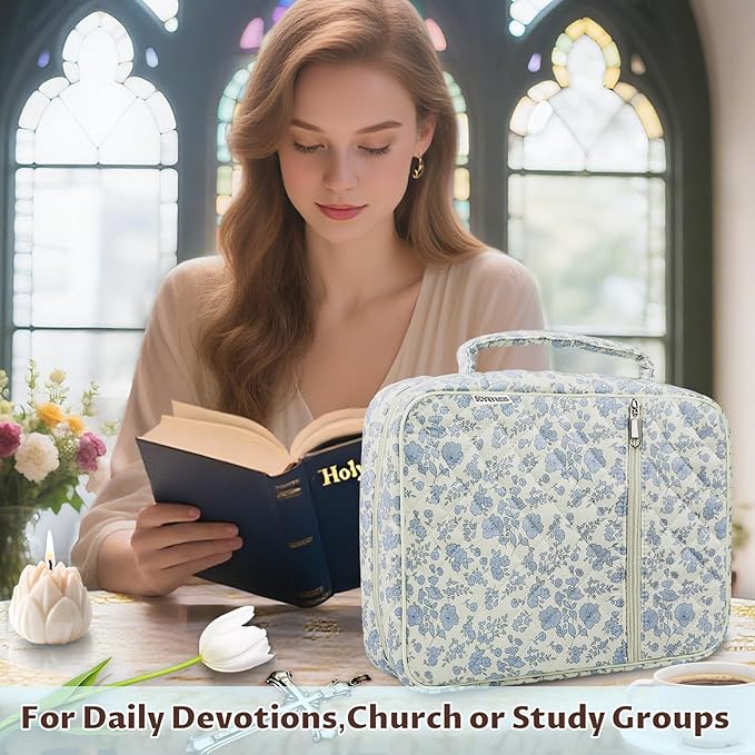 shirabags Quilted Bible Cover Case for Women - Elegant Cotton Bible Bag for Study, Church, Christian Gifts for Women(Blue Floral, M)
