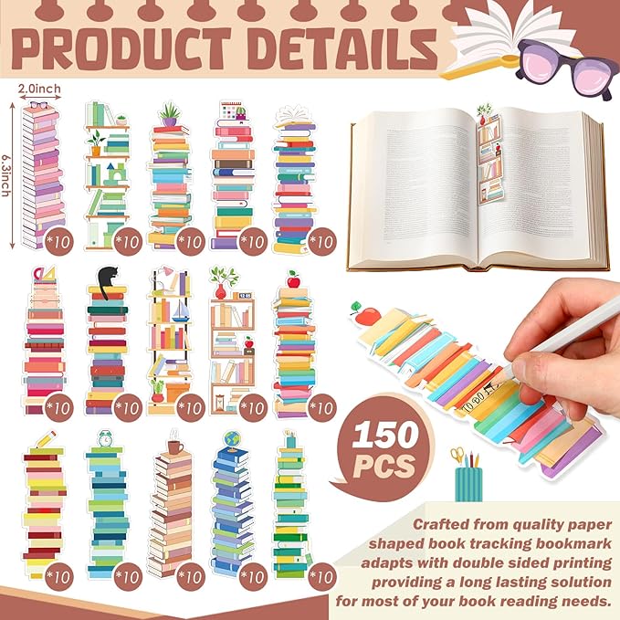 150 Pcs Book Tracker Bookmarks Bulk 6.3 x 1.97 Inch Bookshelf Design Bookmarks Paper Book Tracking Bookmark Double Sided Reading Page Markers for Book Lovers Students School (Book)