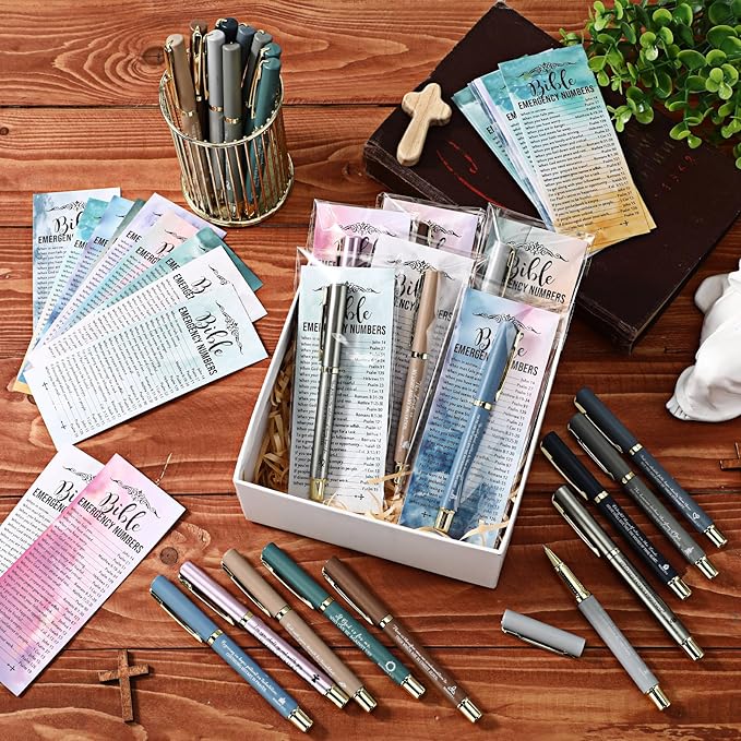 25 Sets Christian Church Gifts,Bible Emergency Numbers Bookmarks and Bible Verse Neutral Gel Pens Bulk Religious Pens Bookmarks for Church Gifts Student Pastor Sunday School Favors