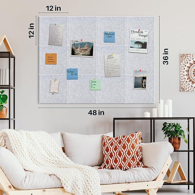 DOLLAR BOSS Large Cork Board for Wall 48" x 36" x 0.5" Bulletin Board 12 Packs Black Cork Board Tiles Self Adhesive Felt Wall Tiles with Pushpins, Corkboard for Office Pin Board Tack Board, Light Grey