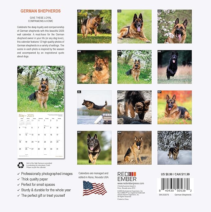 RED EMBER German Shepherds Mini 2025 Wall Calendar 12 Month | 7" x 14" Open | Thick & Sturdy Paper | Giftable | Calendar 2025