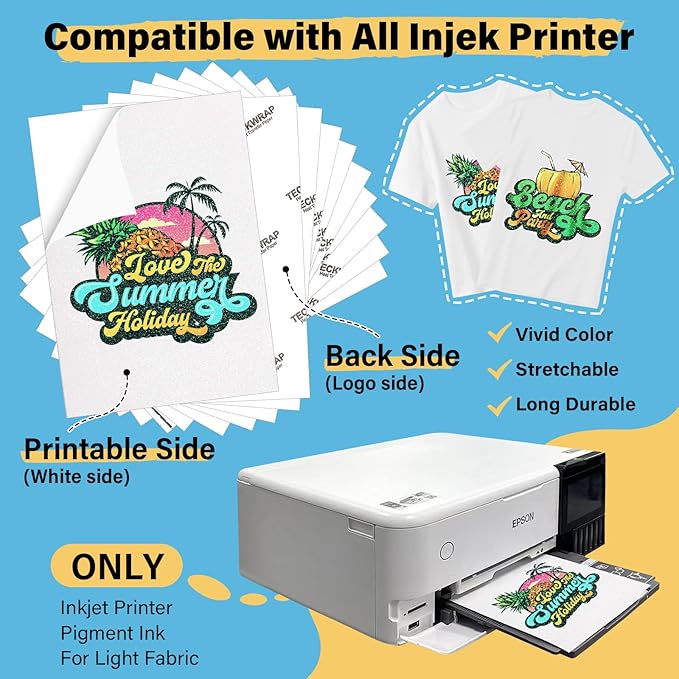 TECKWRAP Printable Heat Transfer Paper for T-Shirts 15 Sheets, 8.3" X 11.7" Printable Heat Transfer Vinyl for Inkjet Printer, Iron on Transfer Paper for Light Fabric (Glitter Green)
