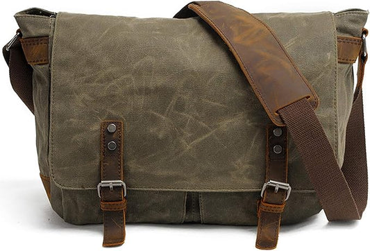HuaChen Men's Waxed Canvas Messenger Bag Shoulder Crossbody Laptop Bag Satchel (M49_Army Green)