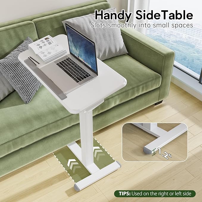 Rolling Laptop Desk, 180° Tiltable Mobile Standing Desk Height Adjustable, Overbed Bedside Table, Portable Computer Desk with Wheels, Foldable Laptop Cart for Home Office, White