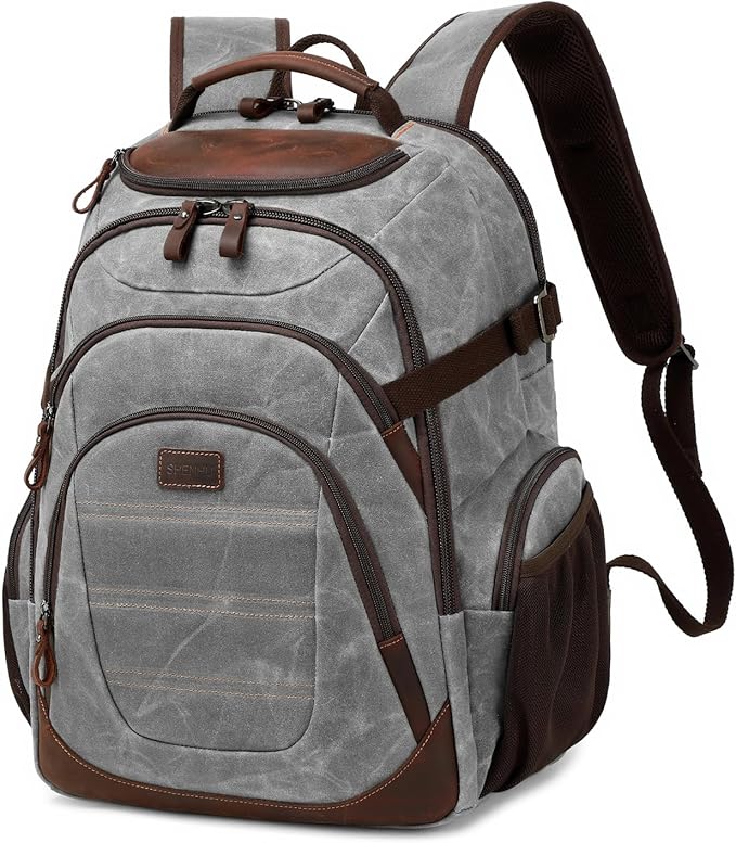 Travel Laptop Backpack 17.3 inch XL Computer Backpack for Men Waxed Canvas College Daypack Business Backpack Gray