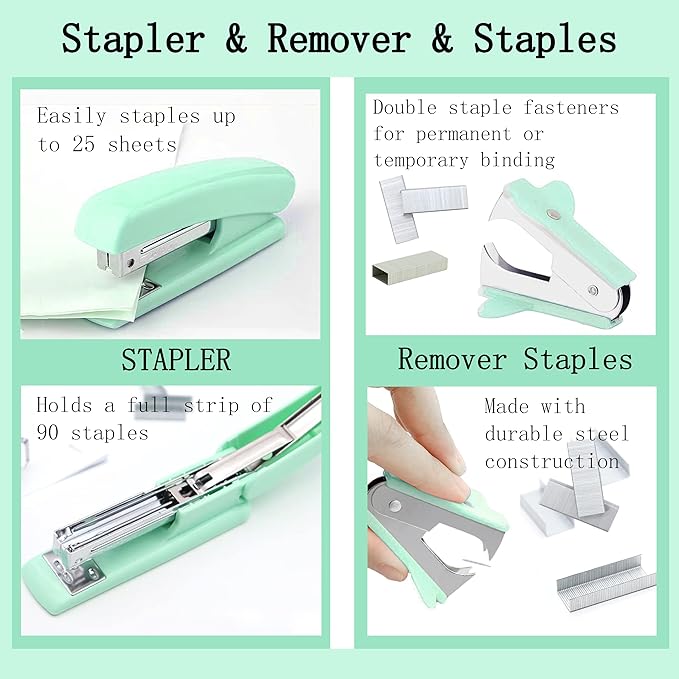 Green Office Supplies, Teal Desk Accessories 360°Pen Holder Desk Organizers and Accessories with Tape Dispenser, Stapler, Staple Remover, 1000 Staples, Tape, Clips Set, Ruler, Scissor, Pen