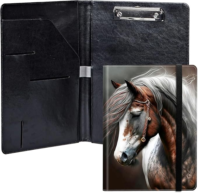 Horse PU Leather Padfolio Clipboard Notepad with Pen Loop and Elastic Strap Interview/Resume Document Organizer for Business School Office