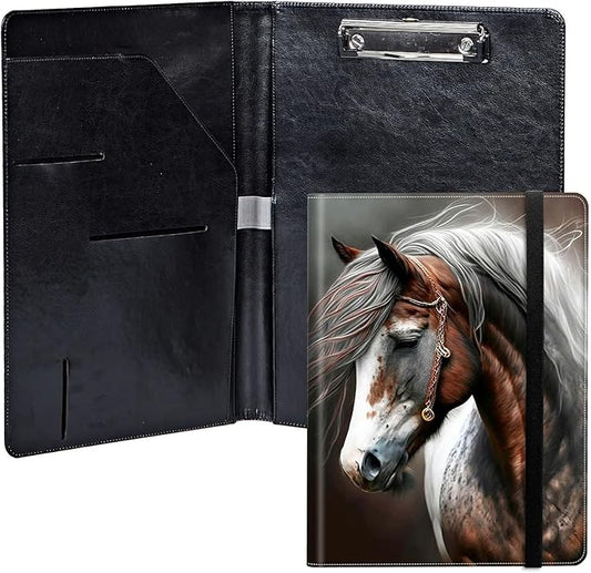 Horse PU Leather Padfolio Clipboard Notepad with Pen Loop and Elastic Strap Interview/Resume Document Organizer for Business School Office