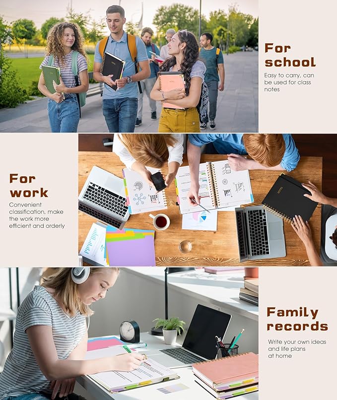 Hardcover Spiral Notebook journal with Removable Dividers Tabs, 300 Pages Leather 5 Subject Notebook College Ruled, 100GMS A5 Notebooks for Work School Note taking,Lined Journal for Women,A5-Black