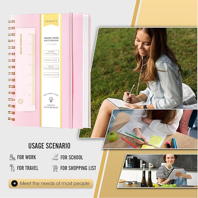 Yoment Graph Paper Notebook A5 Graphing Spiral Notebook 160 Pages Grid Paper Notebook Spiral Bound Pink Hardcover Spiral Journal 5x7 Grid Notebooks for Note Taking, Pink